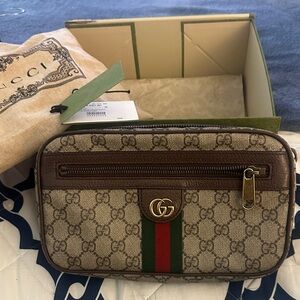 Gucci Beige and Brown Belt Bag with Green and Red Stripe